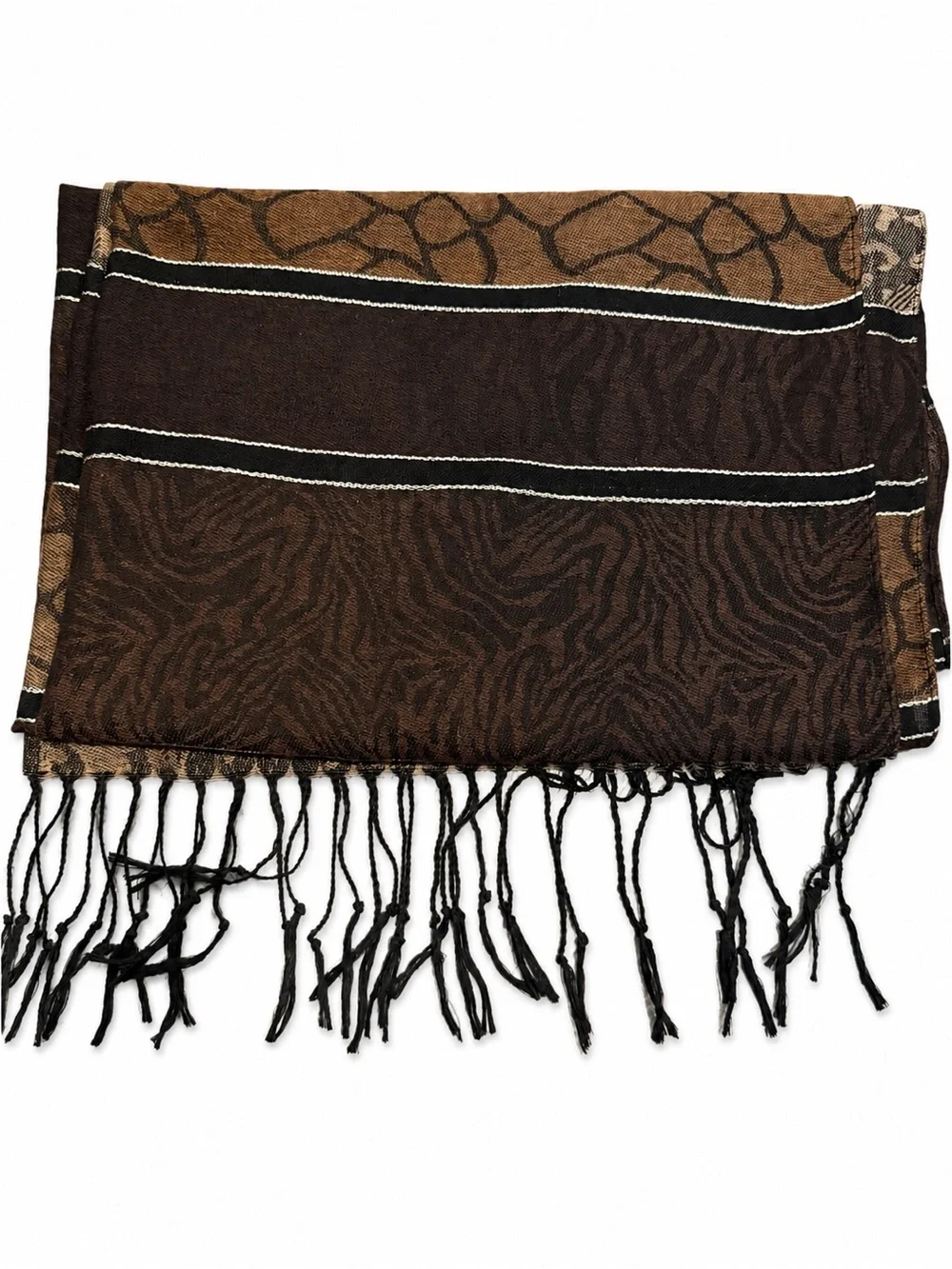 Pashmina Scarf Shawl Wrap Brown Animal Print Metallic Cover Up Fringe 80x27 OSFA